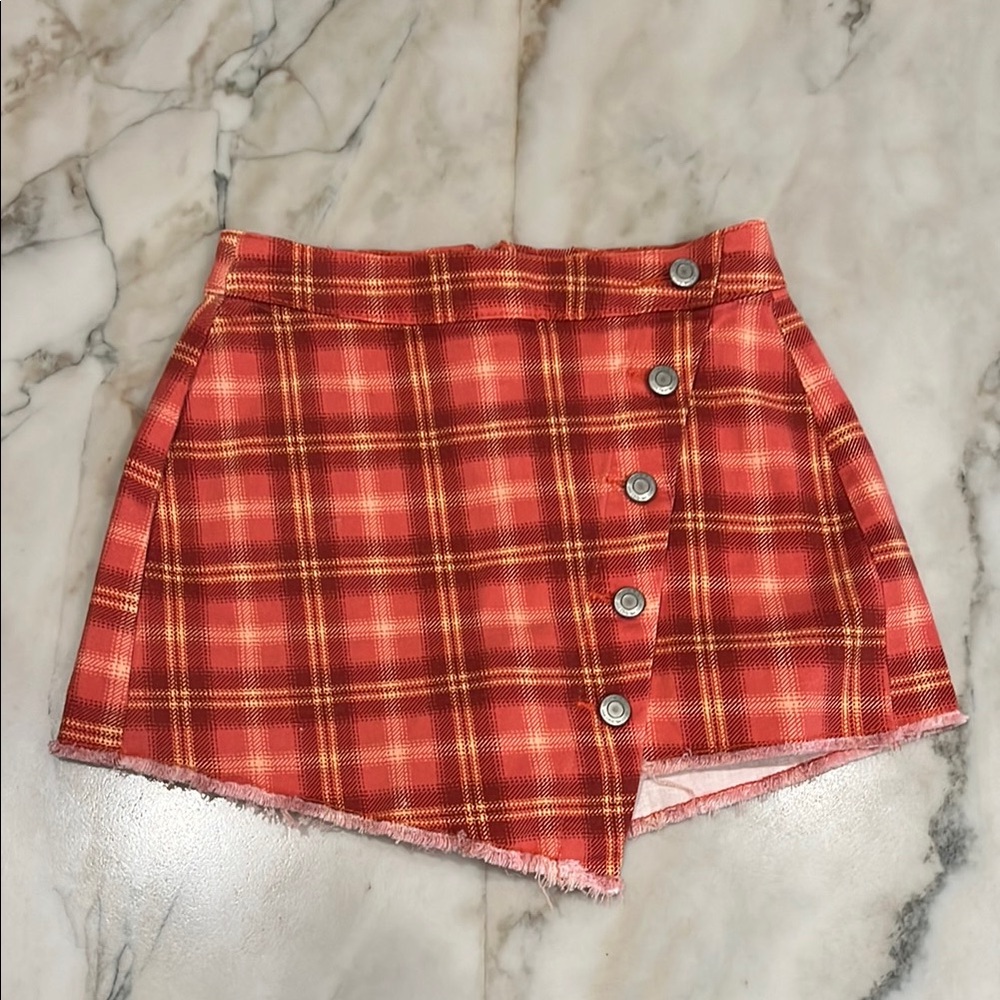 SO burnt orange Asymmetrical Wrap Mini plaid Skirt never worn! Size 0